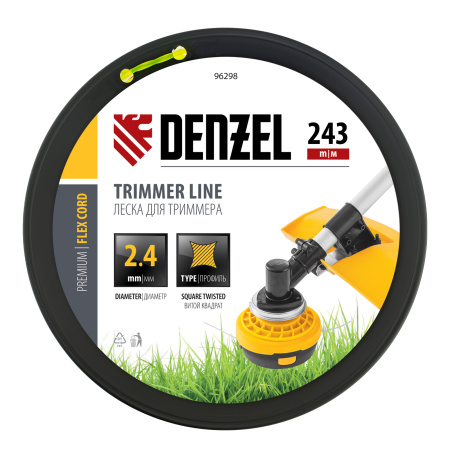 Леска для триммера витой квадрат, 2,4мм х 243м, на DIN катушке FLEX CORD Denzel цена
