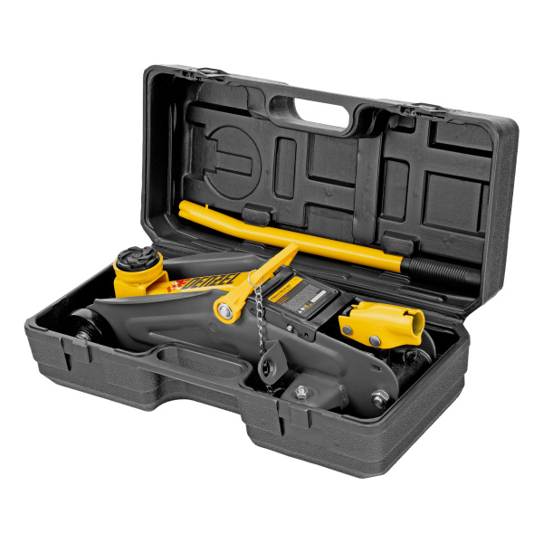 Домкрат гидравлический подкатной с фиксатором, 2 т, 130-330 мм, в кейсе Denzel цена