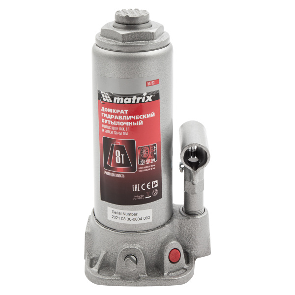 Домкрат гидравлический бутылочный, 8 т, высота подъема 230-457 мм Matrix цена