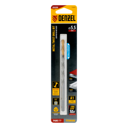 Сверло спиральное по металлу 5,5 х 139 мм, Р6М5, Golden Tip, удлиненное Denzel