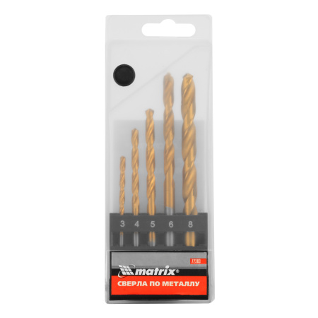 Набор нитридтитановых сверл по металлу, 3-4-5-6-8 мм, HSS, 5 шт, пластиковая коробка, цилиндрический хвостовик Matrix