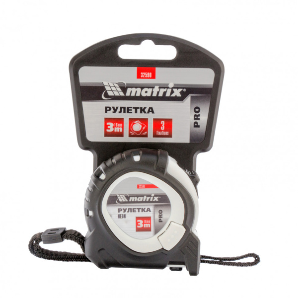Рулетка Neon,3 м x 16 мм,обрезиненный корпус,3 фиксации,Pro Matrix цена