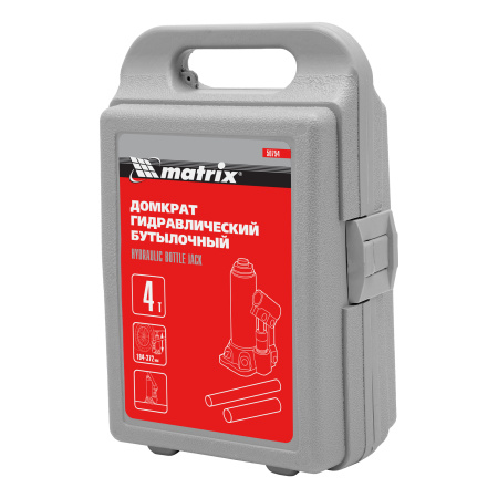 Домкрат гидравлический бутылочный, 4 т, высота подъема 194-372 мм, в пластиковый кейсе Matrix цена