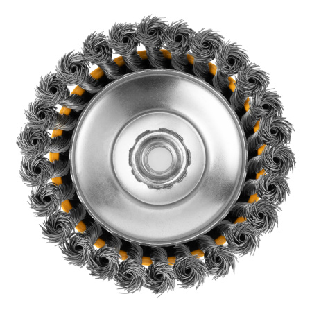 Щетка для УШМ, 125 мм, "Чашка", крученая нержавеющая проволока 0.5 мм, М14 Denzel