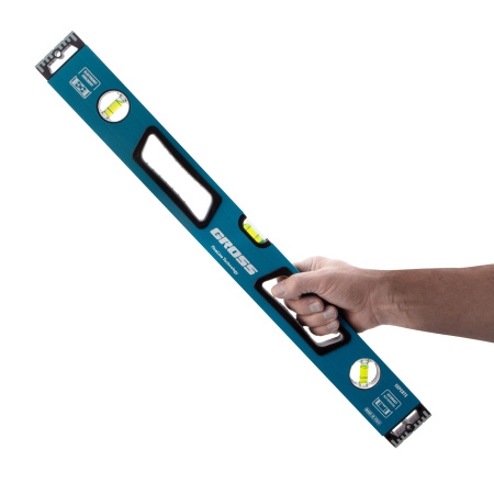 Уровень алюминиевый, 600 мм, усиленный с ударопрочными заглушками, рукоятки, 3 глазка Gross цена