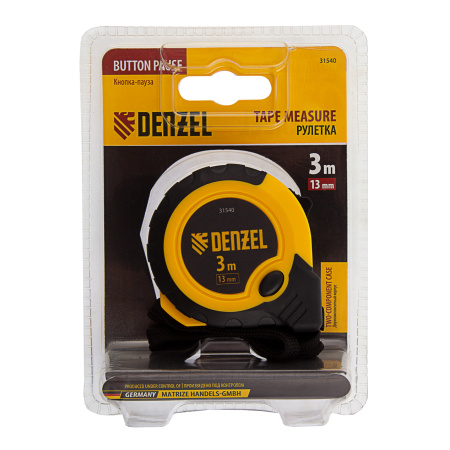 Рулетка 3м х 13мм, двухкомп. корпус, кнопка-пауза Denzel цена