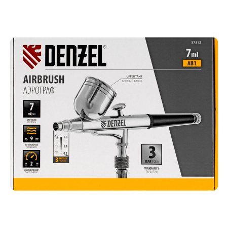 Аэрограф с верхним бачком AB1, 0.2/0.3/0.5 мм, 7 мл, 9 л/мин Denzel цена