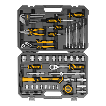 Набор инструментов, 1/2", 1/4", CrV, S2, пластиковый кейс, 64 предмета Denzel