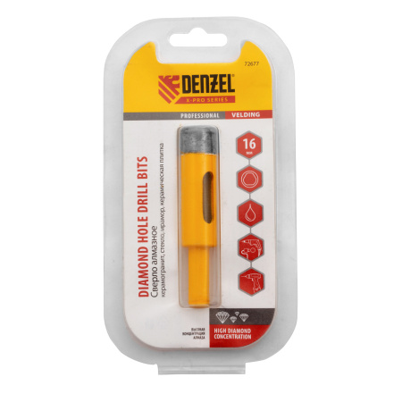 Сверло алмазное по керамограниту, 16 мм, мокрая резка, трехгранный хвостовик Denzel