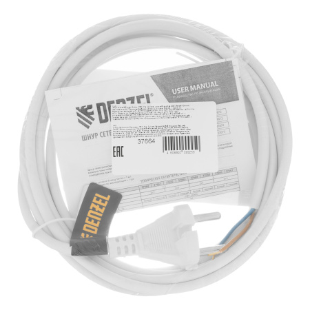Шнур сетевой Energy Series, ПВС, 3 м, 2 x 1 мм, с неразборной вилкой, белый, Denzel цена