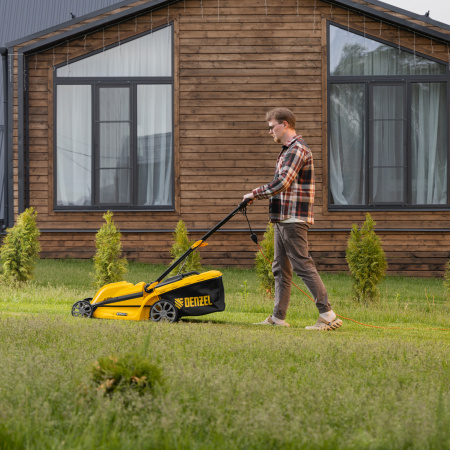 Газонокосилка электрическая GMC-2000, шир. 44см, 2000 Вт, 6 уров., травосб. 45 л Denzel цена