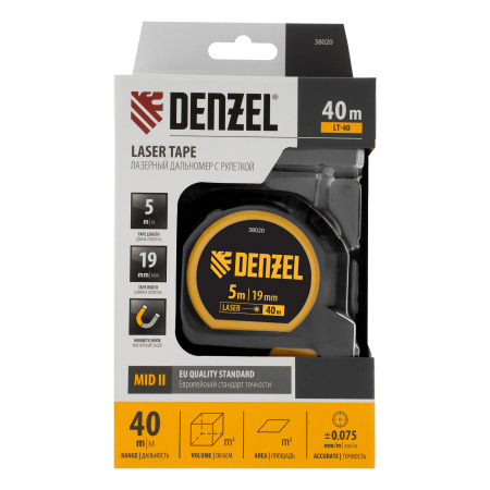 Лазерный дальномер с рулеткой LT-40, 5м x 19 мм, дальномер 40м, автомат. фиксация Denzel цена