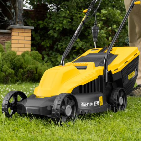Газонокосилка электрическая GM-1100, 1100 Вт, шир. 32 см, 3 уров., травосб. 30 л Denzel цена