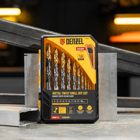 Набор сверл по металлу, 1-10 мм, Р6М5-TiN, Golden Tip, 10 шт Denzel