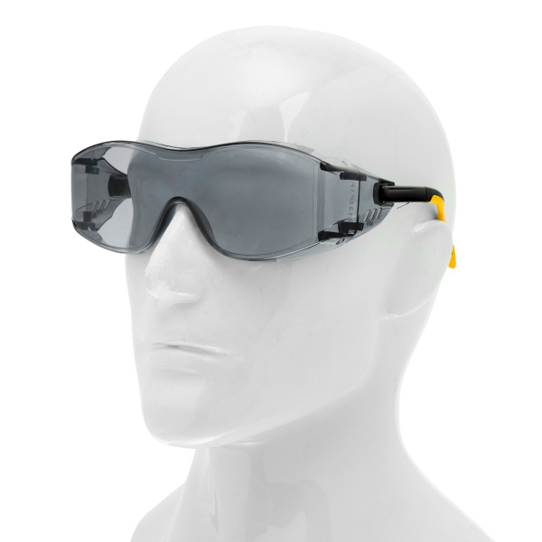 Очки защитные открытые, поликарбонатные, увеличенная дымчатая линза, регулируемые дужки Denzel цена