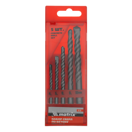 Набор сверл по бетону, 4-5-6-8-10 мм, пластиковый кейс, Matrix