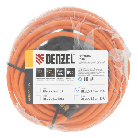 Удлинитель-шнур силовой Garden Series, б/з, ПВС, 10м, 1 розетка, 2 x 1,5 мм, Denzel цена
