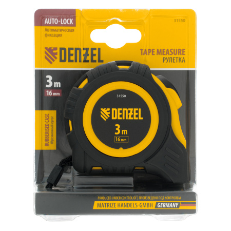 Рулетка 3м х 16мм, обрезиненный корпус, автоматическая фиксация Denzel цена
