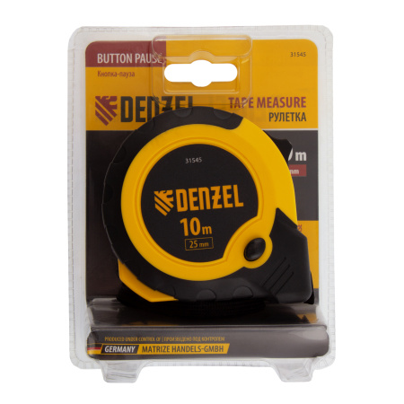 Рулетка 10м х 25мм, двухкомп. корпус, кнопка-пауза Denzel цена